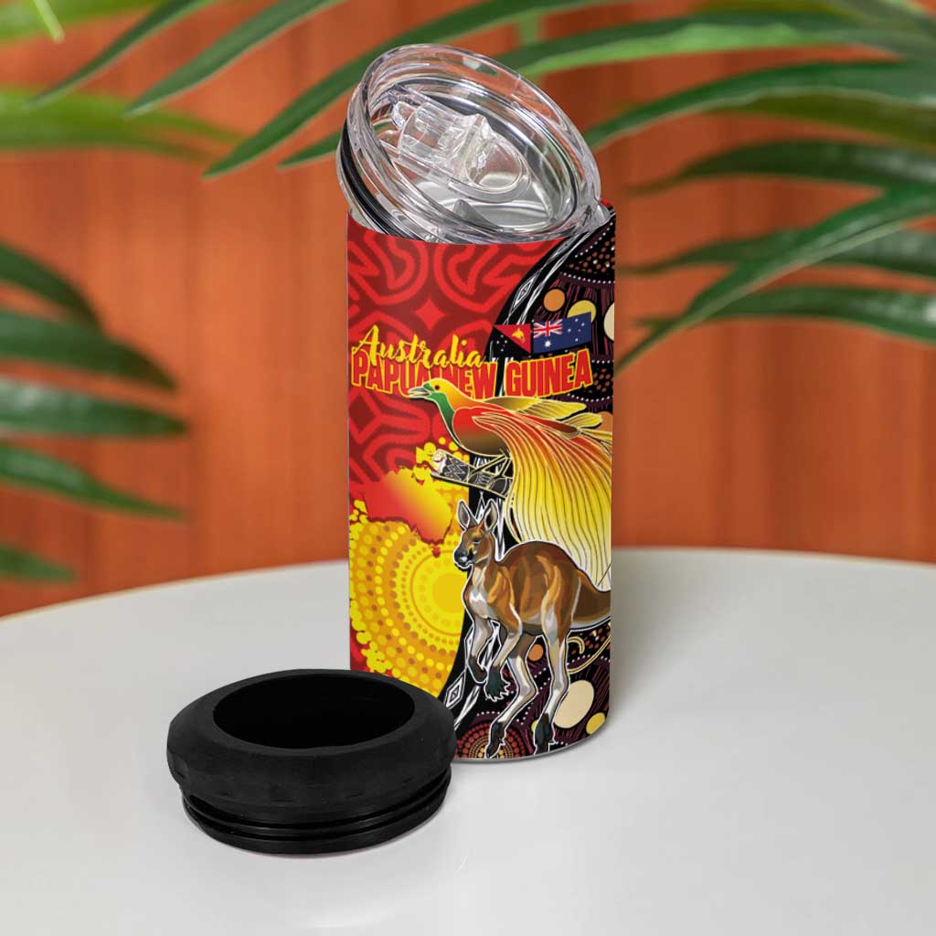 Australia and Papua New Guinea Together 4 in 1 Can Cooler Tumbler Bird-of-paradise and Kangaroo with Oro Tapa and Aboriginal Art Motifs - Aussie Hoodie