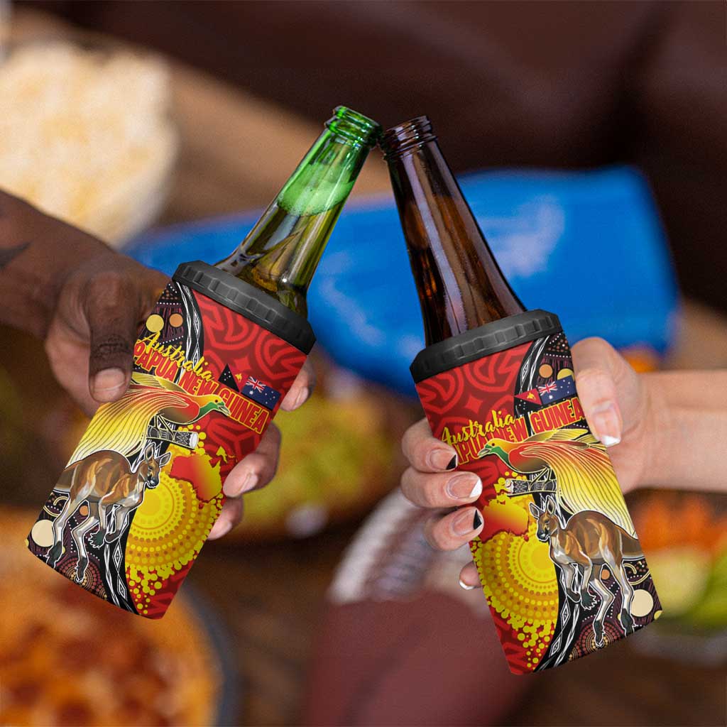 Australia and Papua New Guinea Together 4 in 1 Can Cooler Tumbler Bird-of-paradise and Kangaroo with Oro Tapa and Aboriginal Art Motifs - Aussie Hoodie