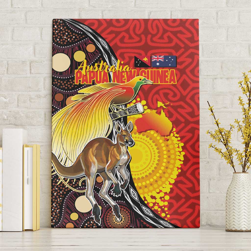 Australia and Papua New Guinea Together Canvas Wall Art Bird-of-paradise and Kangaroo with Oro Tapa and Aboriginal Art Motifs - Aussie Hoodie