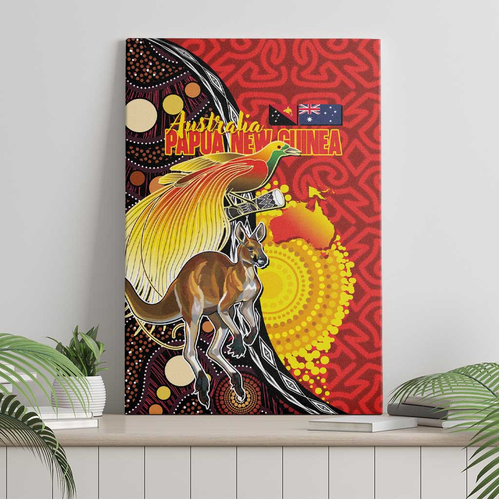 Australia and Papua New Guinea Together Canvas Wall Art Bird-of-paradise and Kangaroo with Oro Tapa and Aboriginal Art Motifs - Aussie Hoodie