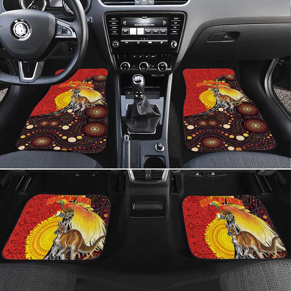 Australia and Papua New Guinea Together Car Mats Bird-of-paradise and Kangaroo with Oro Tapa and Aboriginal Art Motifs - Aussie Hoodie