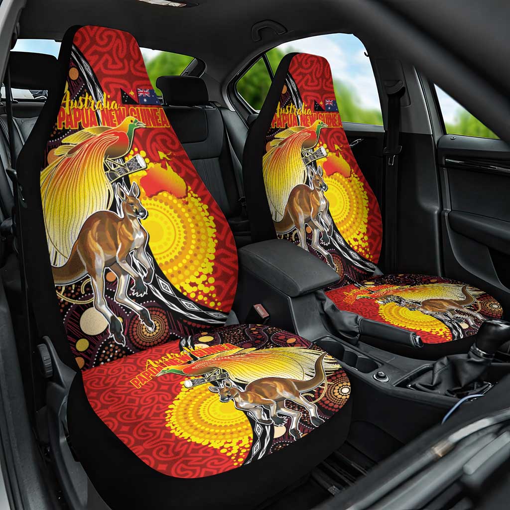 Australia and Papua New Guinea Together Car Seat Cover Bird-of-paradise and Kangaroo with Oro Tapa and Aboriginal Art Motifs - Aussie Hoodie