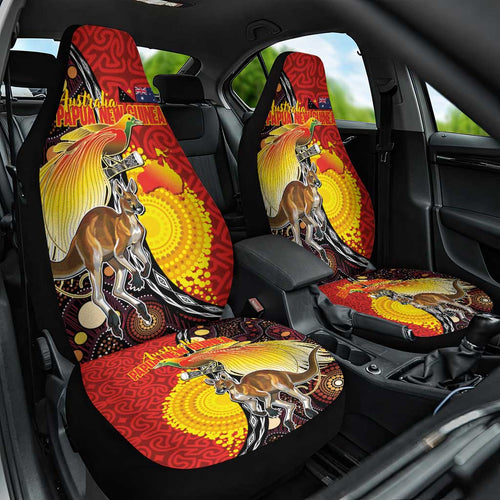Australia and Papua New Guinea Together Car Seat Cover Bird-of-paradise and Kangaroo with Oro Tapa and Aboriginal Art Motifs - Aussie Hoodie