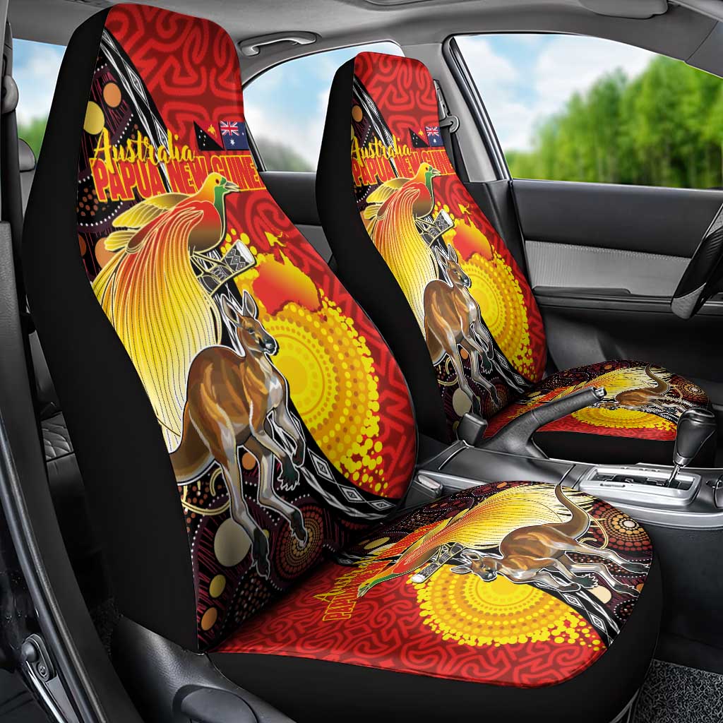 Australia and Papua New Guinea Together Car Seat Cover Bird-of-paradise and Kangaroo with Oro Tapa and Aboriginal Art Motifs - Aussie Hoodie