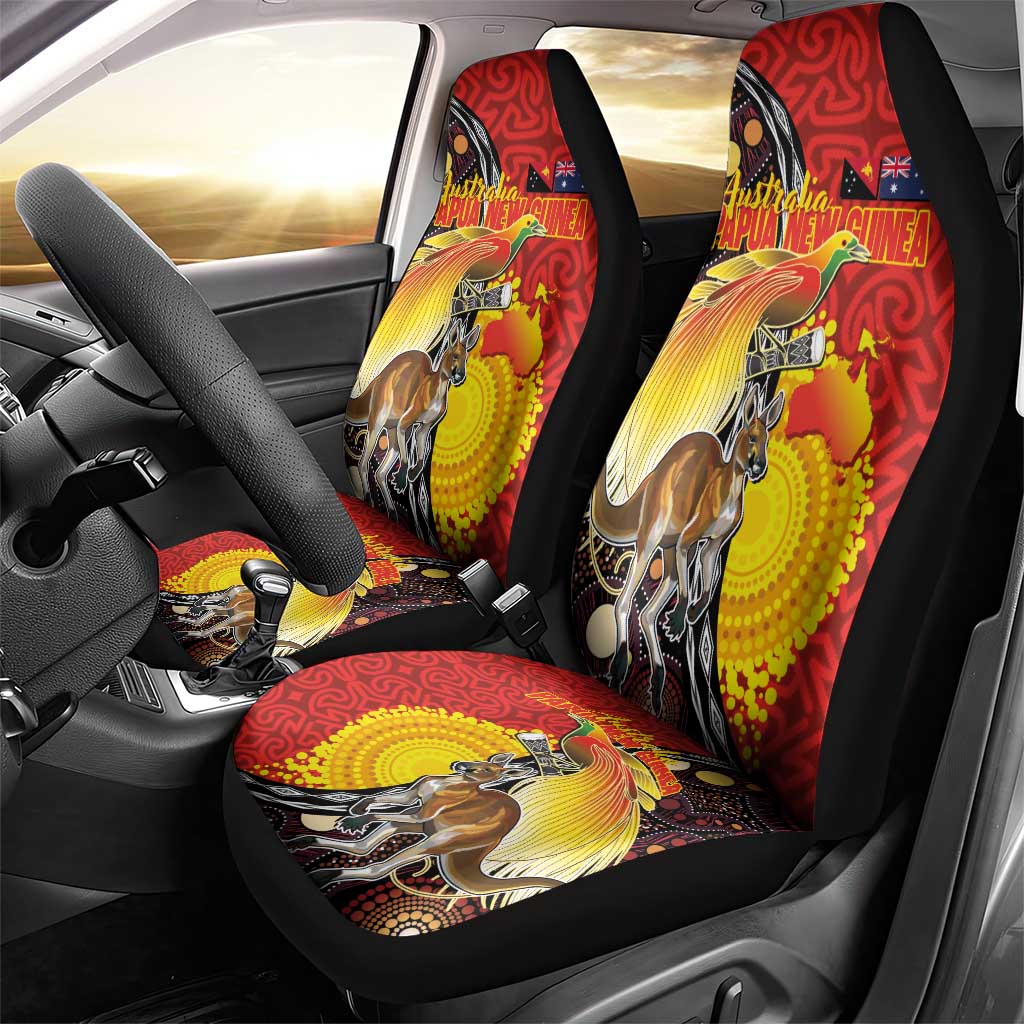 Australia and Papua New Guinea Together Car Seat Cover Bird-of-paradise and Kangaroo with Oro Tapa and Aboriginal Art Motifs - Aussie Hoodie