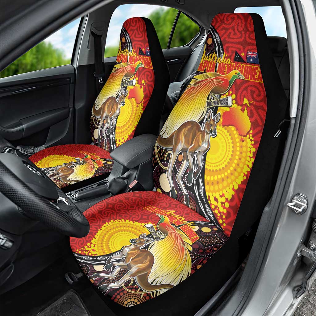 Australia and Papua New Guinea Together Car Seat Cover Bird-of-paradise and Kangaroo with Oro Tapa and Aboriginal Art Motifs - Aussie Hoodie