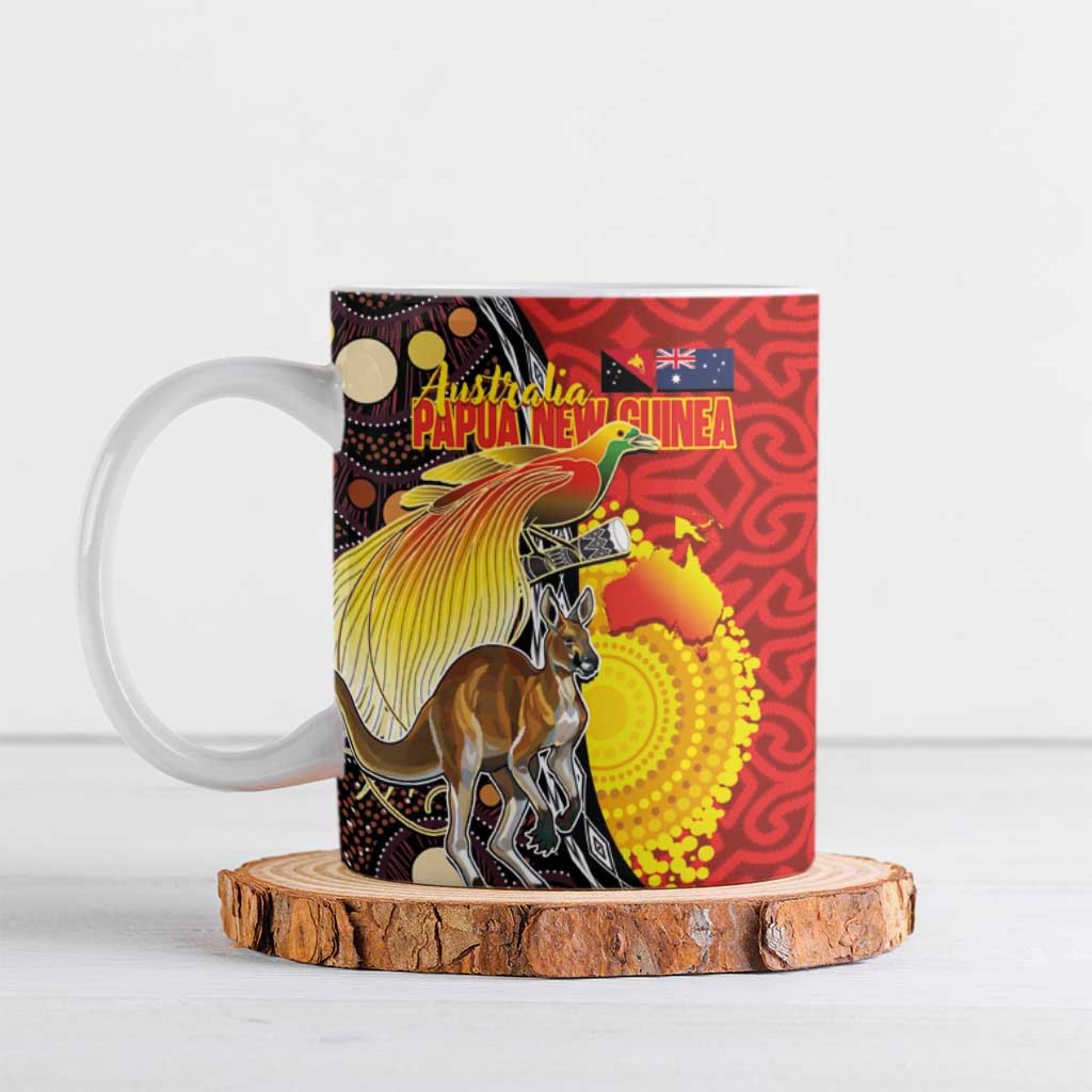 Australia and Papua New Guinea Together Ceramic Mug Bird-of-paradise and Kangaroo with Oro Tapa and Aboriginal Art Motifs - Aussie Hoodie