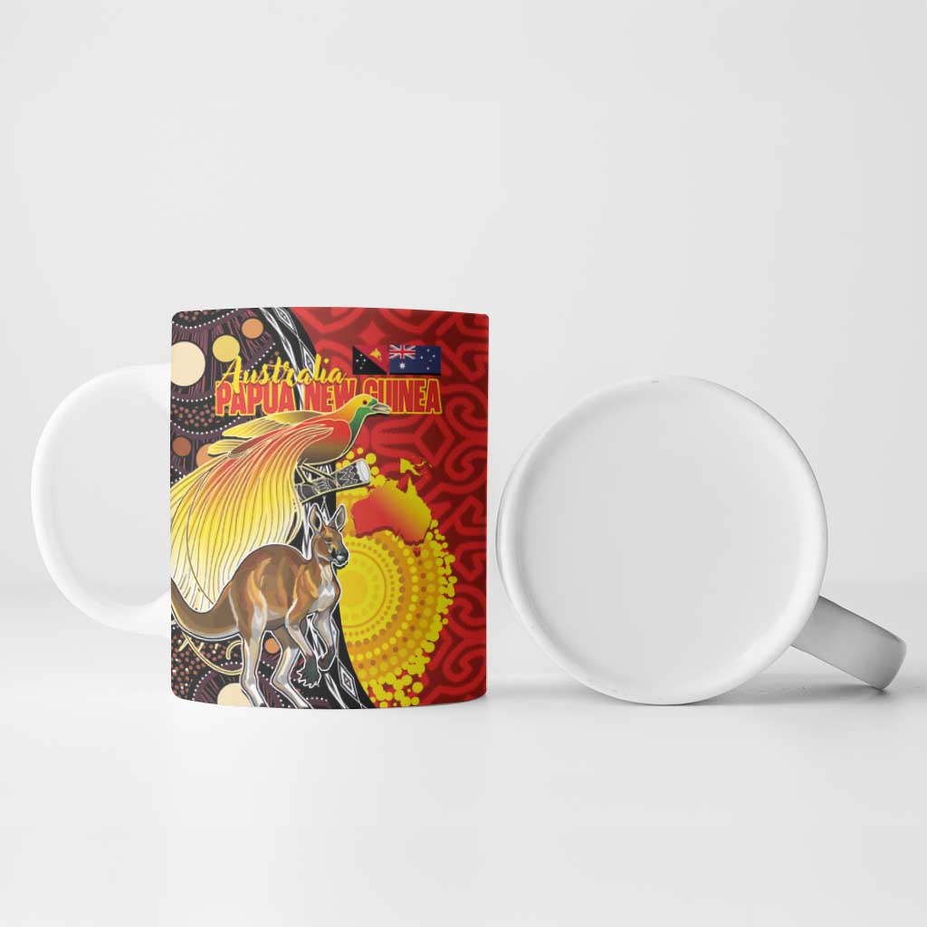 Australia and Papua New Guinea Together Ceramic Mug Bird-of-paradise and Kangaroo with Oro Tapa and Aboriginal Art Motifs - Aussie Hoodie