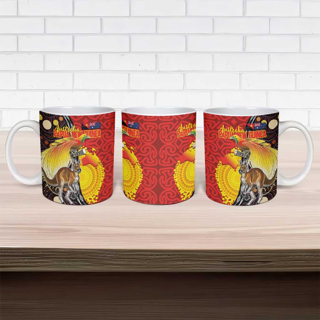 Australia and Papua New Guinea Together Ceramic Mug Bird-of-paradise and Kangaroo with Oro Tapa and Aboriginal Art Motifs - Aussie Hoodie