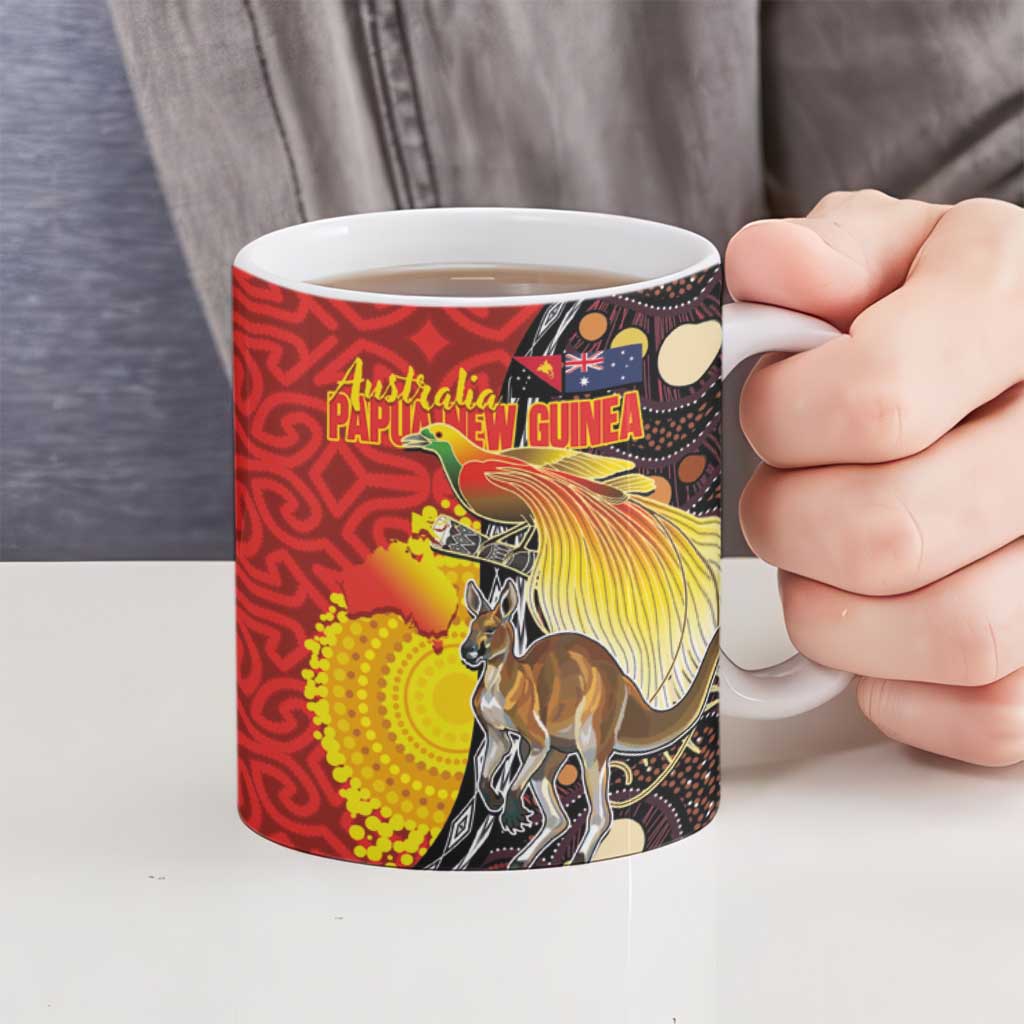 Australia and Papua New Guinea Together Ceramic Mug Bird-of-paradise and Kangaroo with Oro Tapa and Aboriginal Art Motifs - Aussie Hoodie