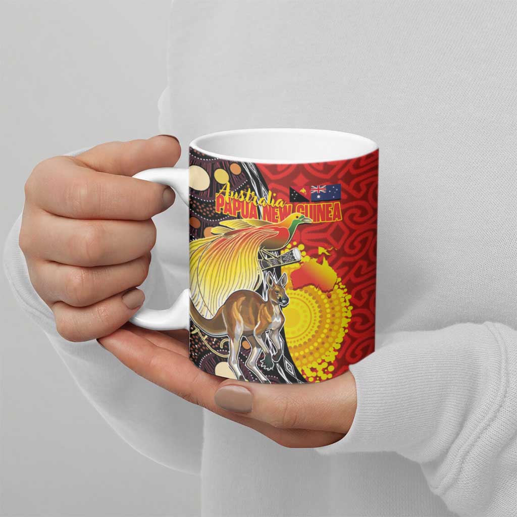 Australia and Papua New Guinea Together Ceramic Mug Bird-of-paradise and Kangaroo with Oro Tapa and Aboriginal Art Motifs - Aussie Hoodie