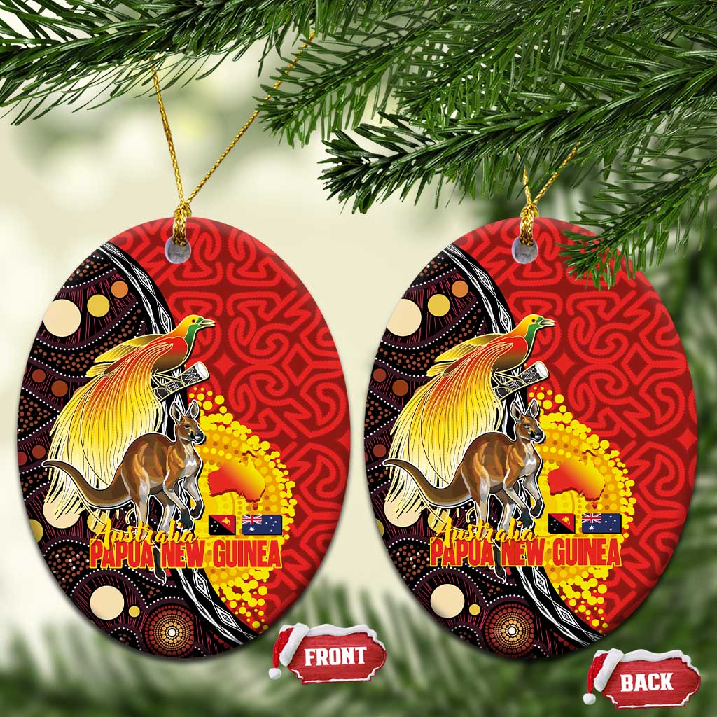 Australia and Papua New Guinea Together Ceramic Ornament Bird-of-paradise and Kangaroo with Oro Tapa and Aboriginal Art Motifs - Aussie Hoodie
