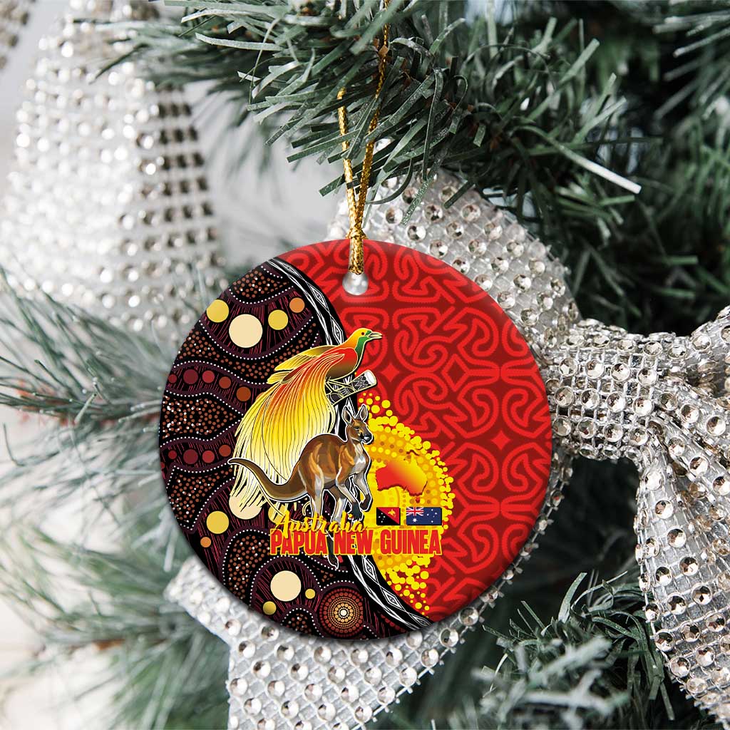Australia and Papua New Guinea Together Ceramic Ornament Bird-of-paradise and Kangaroo with Oro Tapa and Aboriginal Art Motifs - Aussie Hoodie
