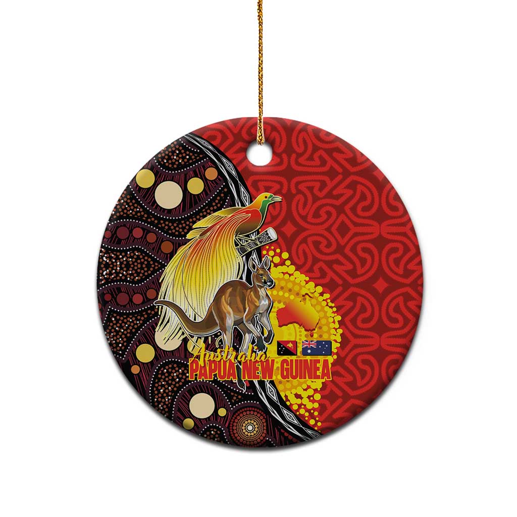 Australia and Papua New Guinea Together Ceramic Ornament Bird-of-paradise and Kangaroo with Oro Tapa and Aboriginal Art Motifs - Aussie Hoodie