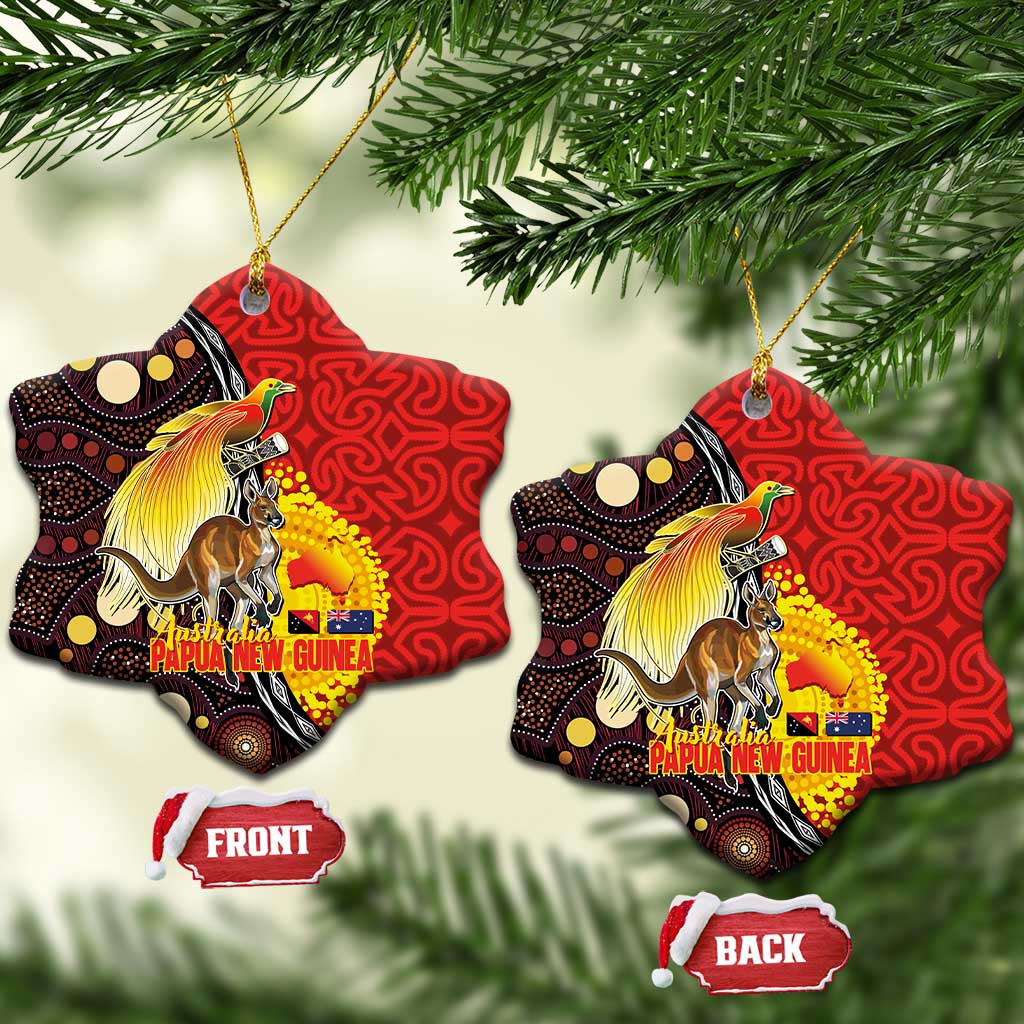 Australia and Papua New Guinea Together Ceramic Ornament Bird-of-paradise and Kangaroo with Oro Tapa and Aboriginal Art Motifs - Aussie Hoodie