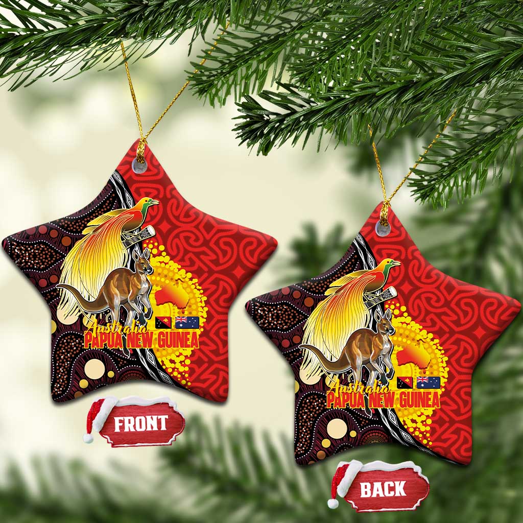 Australia and Papua New Guinea Together Ceramic Ornament Bird-of-paradise and Kangaroo with Oro Tapa and Aboriginal Art Motifs - Aussie Hoodie