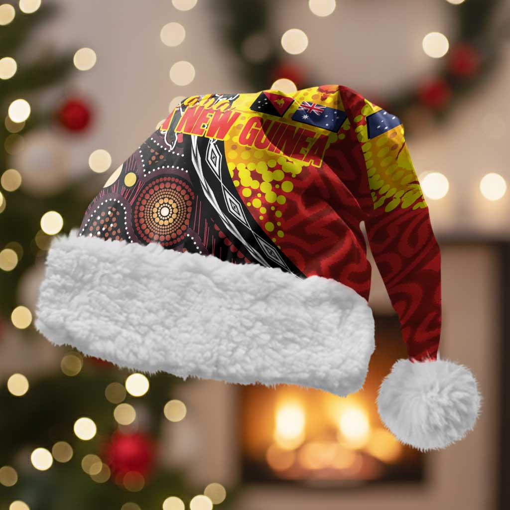 Australia and Papua New Guinea Together Christmas Santa Hat Bird-of-paradise and Kangaroo with Oro Tapa and Aboriginal Art Motifs - Aussie Hoodie