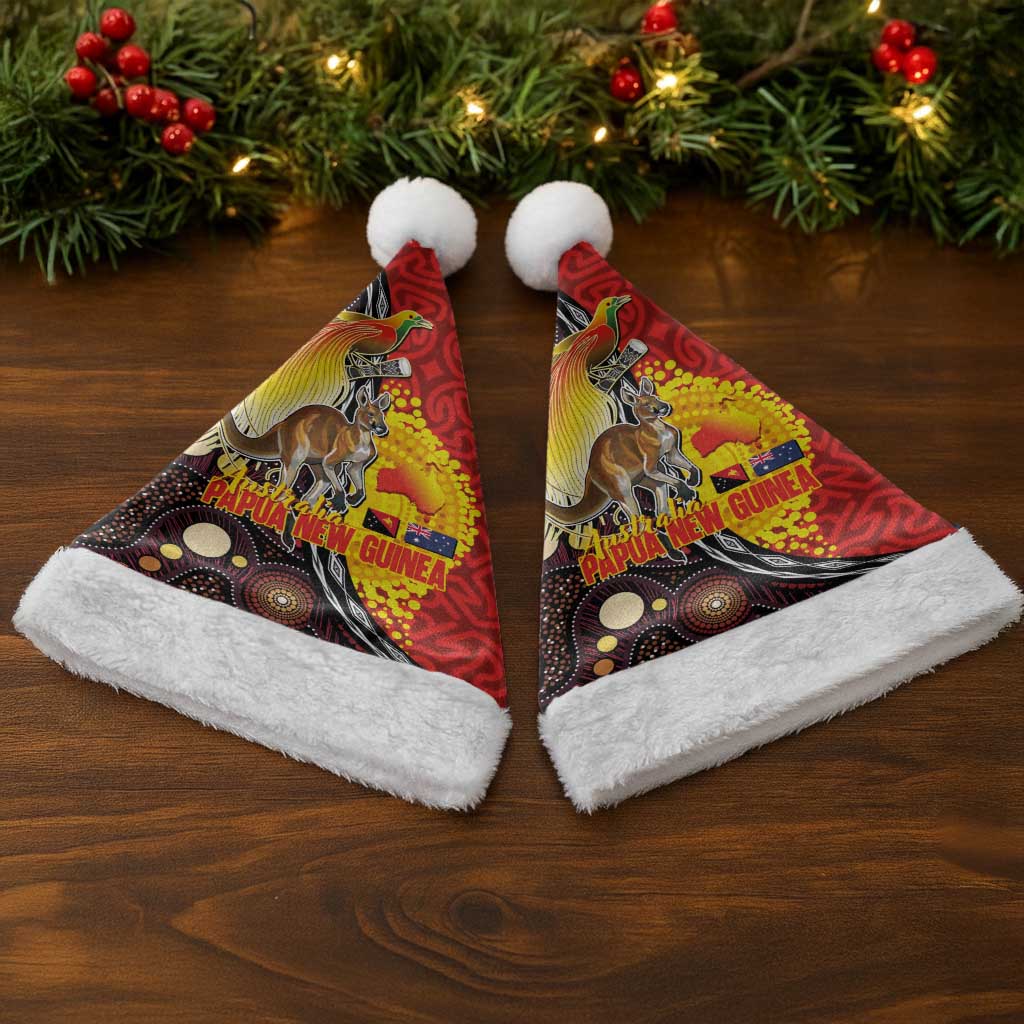 Australia and Papua New Guinea Together Christmas Santa Hat Bird-of-paradise and Kangaroo with Oro Tapa and Aboriginal Art Motifs - Aussie Hoodie