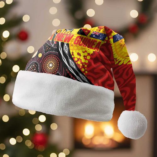 Australia and Papua New Guinea Together Christmas Santa Hat Bird-of-paradise and Kangaroo with Oro Tapa and Aboriginal Art Motifs - Aussie Hoodie