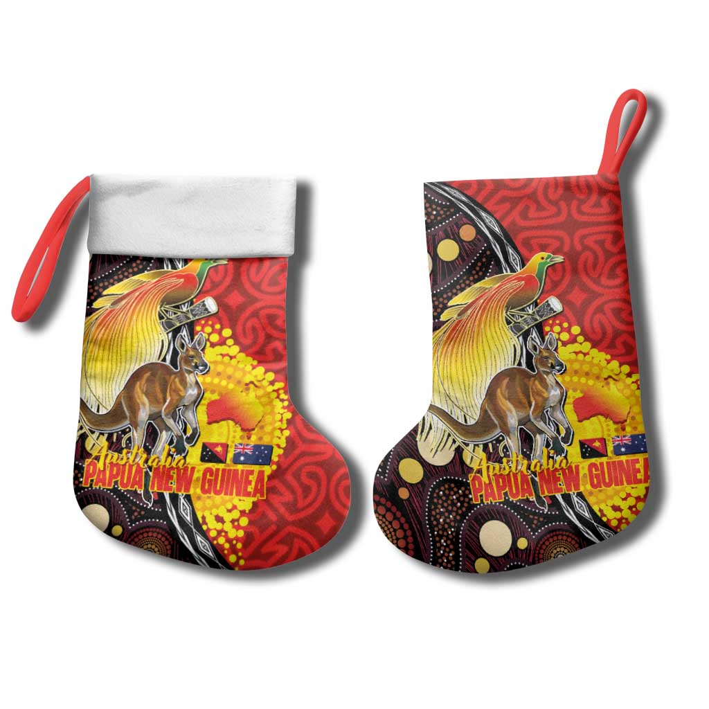 Australia and Papua New Guinea Together Christmas Stocking Bird-of-paradise and Kangaroo with Oro Tapa and Aboriginal Art Motifs - Aussie Hoodie
