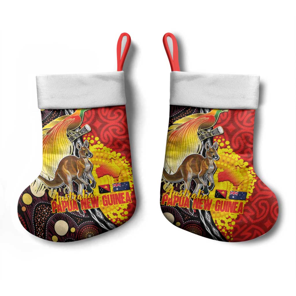Australia and Papua New Guinea Together Christmas Stocking Bird-of-paradise and Kangaroo with Oro Tapa and Aboriginal Art Motifs - Aussie Hoodie