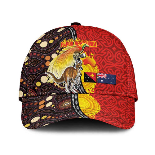 Australia and Papua New Guinea Together Classic Cap Bird-of-paradise and Kangaroo with Oro Tapa and Aboriginal Art Motifs - Aussie Hoodie