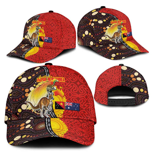 Australia and Papua New Guinea Together Classic Cap Bird-of-paradise and Kangaroo with Oro Tapa and Aboriginal Art Motifs - Aussie Hoodie