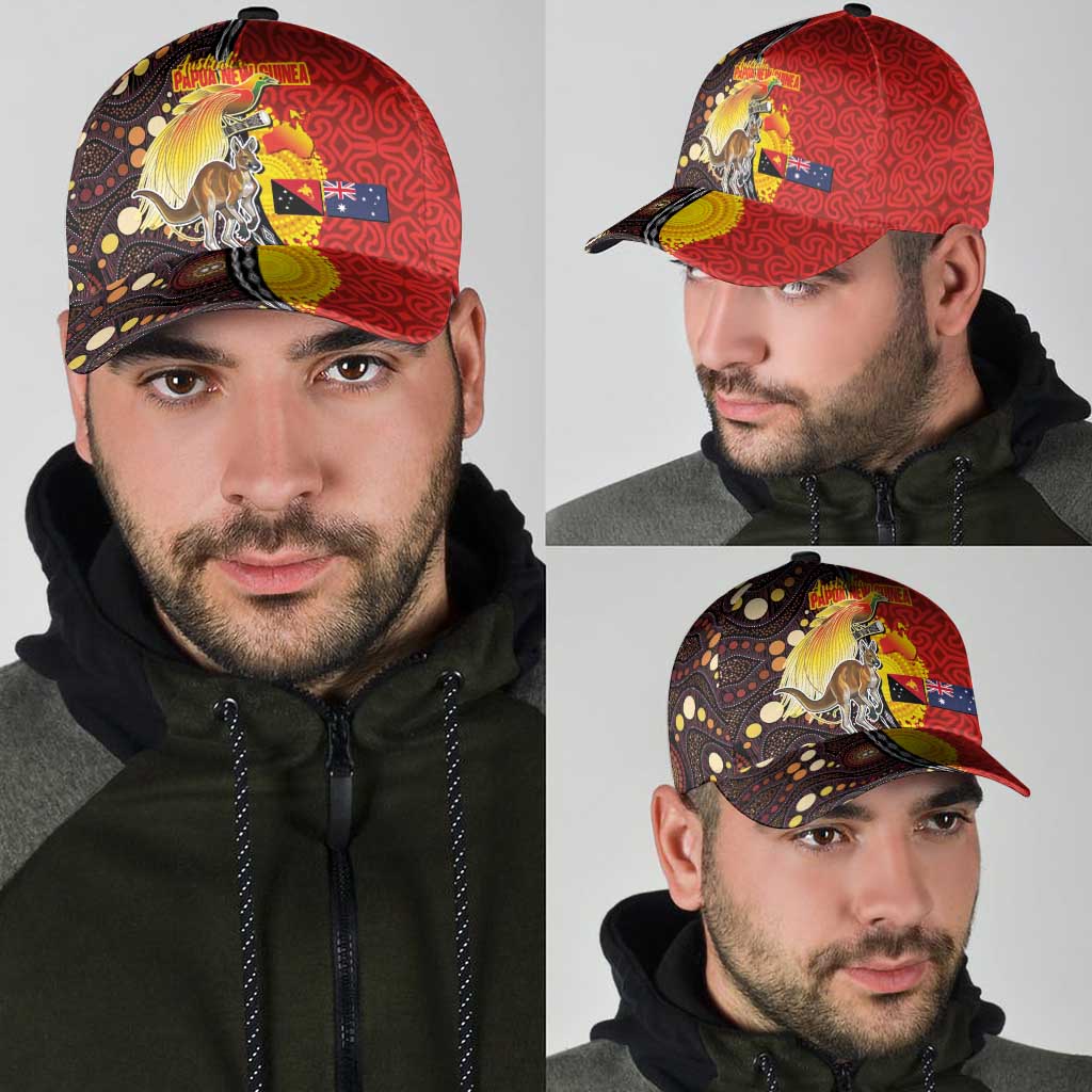 Australia and Papua New Guinea Together Classic Cap Bird-of-paradise and Kangaroo with Oro Tapa and Aboriginal Art Motifs - Aussie Hoodie