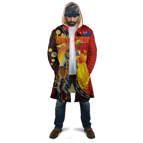 Australia and Papua New Guinea Together Cloak Bird-of-paradise and Kangaroo with Oro Tapa and Aboriginal Art Motifs - Aussie Hoodie