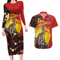 Australia and Papua New Guinea Together Couples Matching Long Sleeve Bodycon Dress and Hawaiian Shirt Bird-of-paradise and Kangaroo with Oro Tapa and Aboriginal Art Motifs - Aussie Hoodie