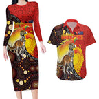 Australia and Papua New Guinea Together Couples Matching Long Sleeve Bodycon Dress and Hawaiian Shirt Bird-of-paradise and Kangaroo with Oro Tapa and Aboriginal Art Motifs - Aussie Hoodie