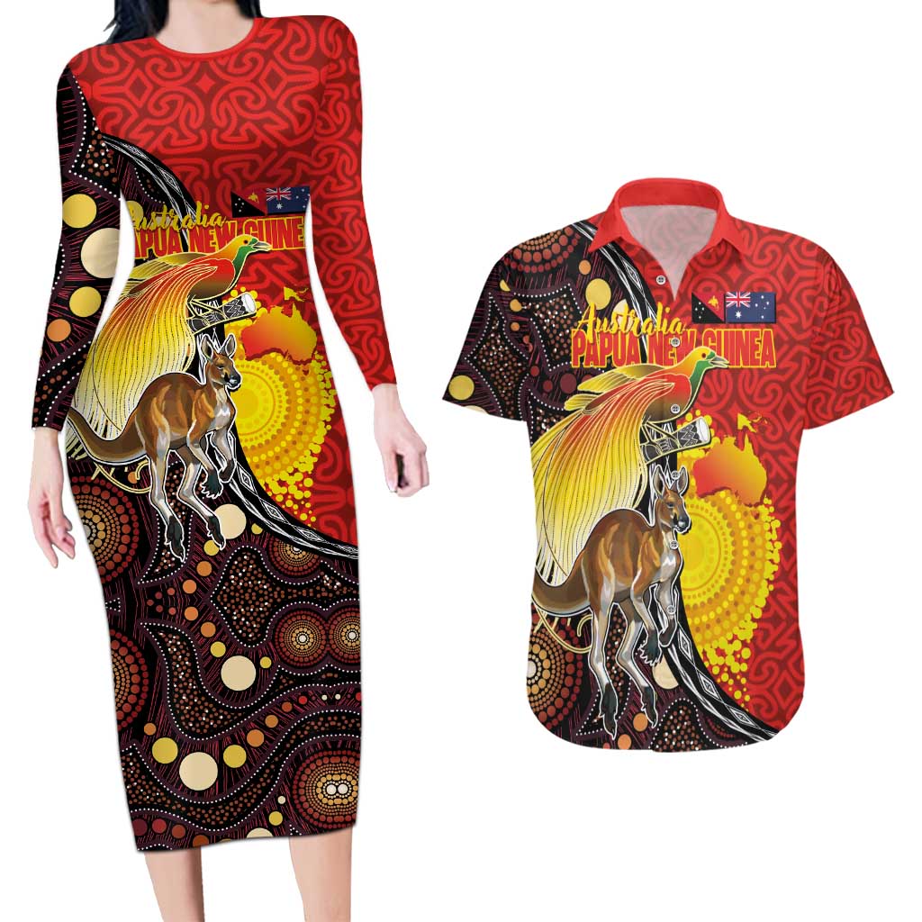 Australia and Papua New Guinea Together Couples Matching Long Sleeve Bodycon Dress and Hawaiian Shirt Bird-of-paradise and Kangaroo with Oro Tapa and Aboriginal Art Motifs - Aussie Hoodie