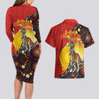 Australia and Papua New Guinea Together Couples Matching Long Sleeve Bodycon Dress and Hawaiian Shirt Bird-of-paradise and Kangaroo with Oro Tapa and Aboriginal Art Motifs - Aussie Hoodie