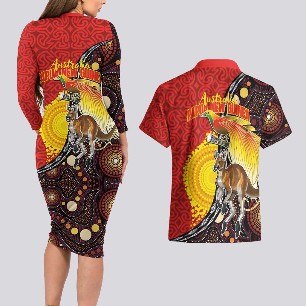 Australia and Papua New Guinea Together Couples Matching Long Sleeve Bodycon Dress and Hawaiian Shirt Bird-of-paradise and Kangaroo with Oro Tapa and Aboriginal Art Motifs - Aussie Hoodie