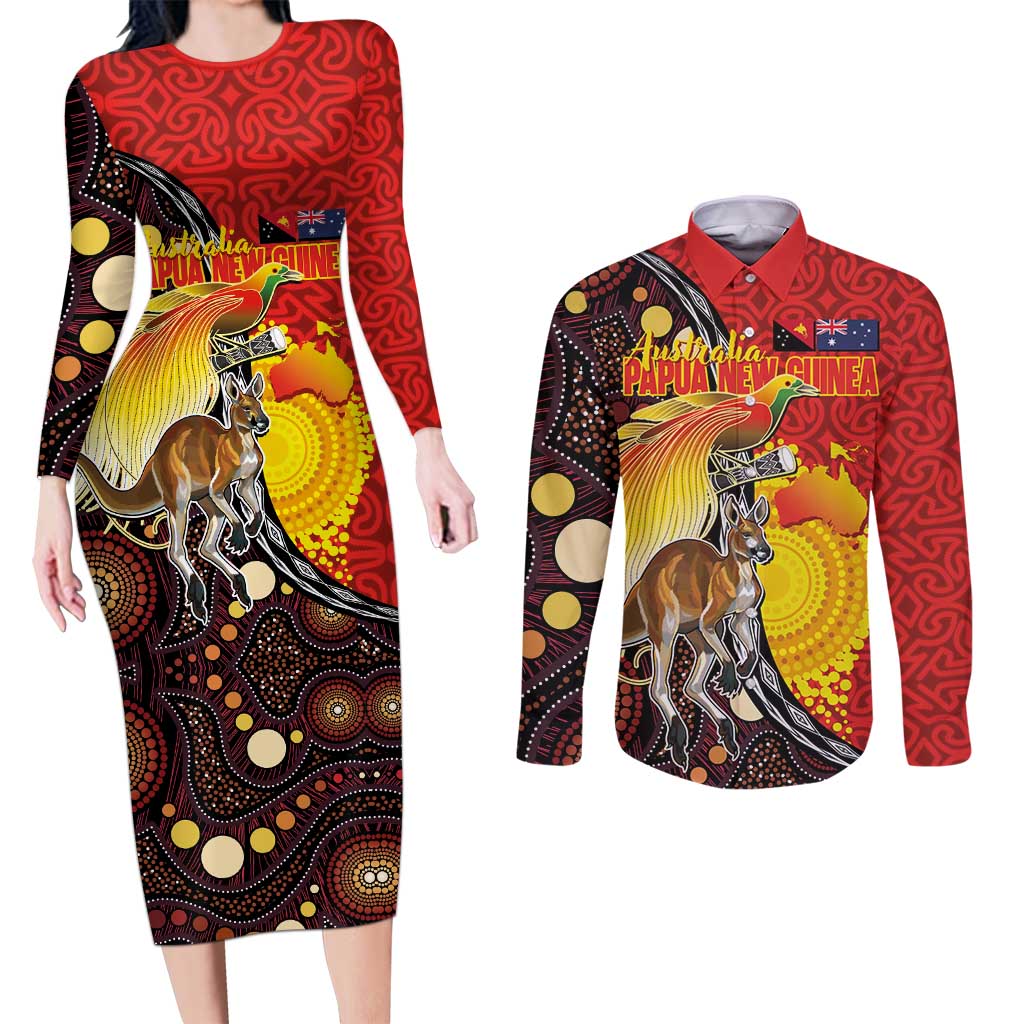 Australia and Papua New Guinea Together Couples Matching Long Sleeve Bodycon Dress and Long Sleeve Button Shirt Bird-of-paradise and Kangaroo with Oro Tapa and Aboriginal Art Motifs - Aussie Hoodie