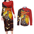 Australia and Papua New Guinea Together Couples Matching Long Sleeve Bodycon Dress and Long Sleeve Button Shirt Bird-of-paradise and Kangaroo with Oro Tapa and Aboriginal Art Motifs - Aussie Hoodie