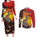 Australia and Papua New Guinea Together Couples Matching Long Sleeve Bodycon Dress and Long Sleeve Button Shirt Bird-of-paradise and Kangaroo with Oro Tapa and Aboriginal Art Motifs - Aussie Hoodie
