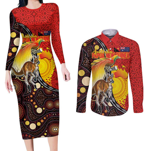 Australia and Papua New Guinea Together Couples Matching Long Sleeve Bodycon Dress and Long Sleeve Button Shirt Bird-of-paradise and Kangaroo with Oro Tapa and Aboriginal Art Motifs - Aussie Hoodie