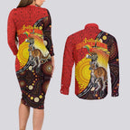 Australia and Papua New Guinea Together Couples Matching Long Sleeve Bodycon Dress and Long Sleeve Button Shirt Bird-of-paradise and Kangaroo with Oro Tapa and Aboriginal Art Motifs - Aussie Hoodie