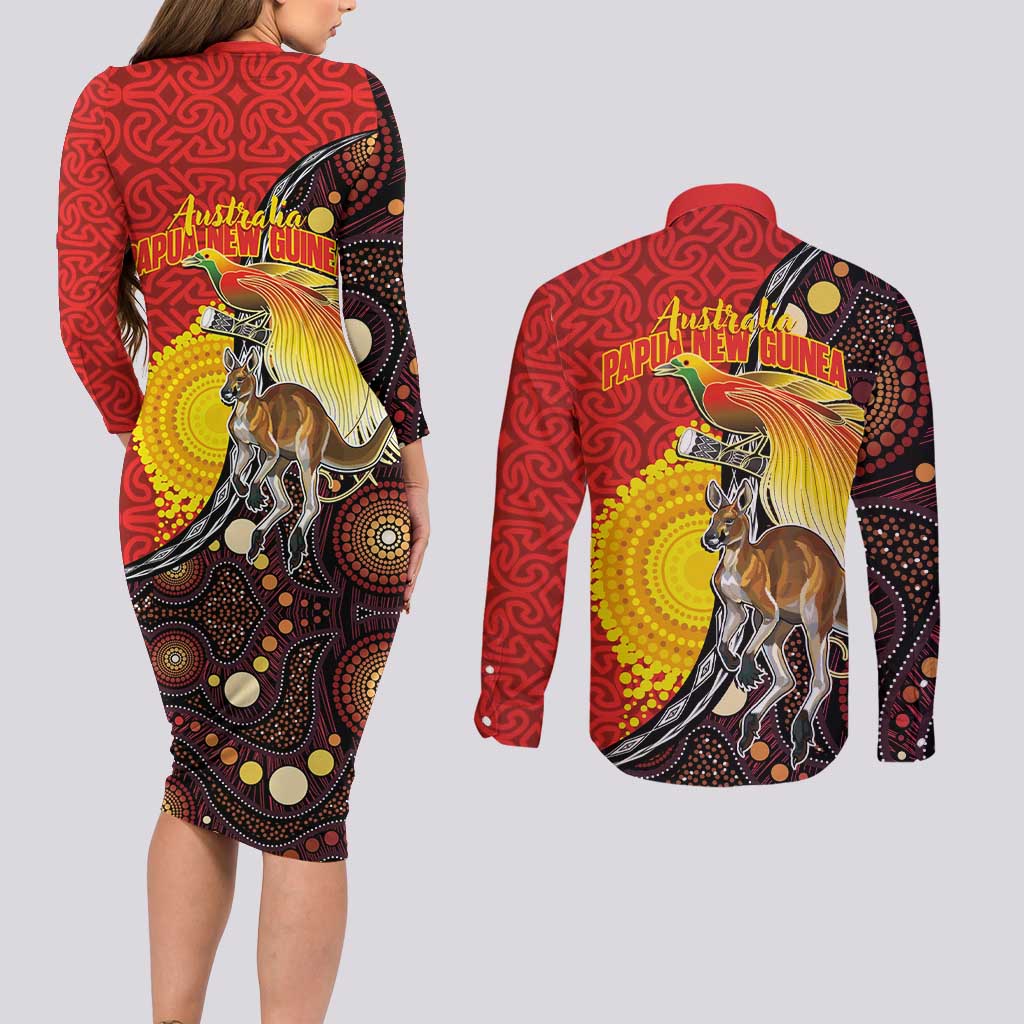 Australia and Papua New Guinea Together Couples Matching Long Sleeve Bodycon Dress and Long Sleeve Button Shirt Bird-of-paradise and Kangaroo with Oro Tapa and Aboriginal Art Motifs - Aussie Hoodie