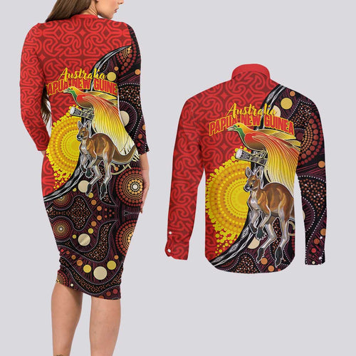Australia and Papua New Guinea Together Couples Matching Long Sleeve Bodycon Dress and Long Sleeve Button Shirt Bird-of-paradise and Kangaroo with Oro Tapa and Aboriginal Art Motifs - Aussie Hoodie