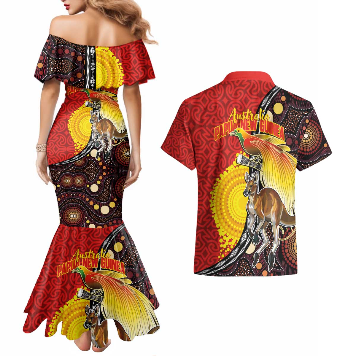 Australia and Papua New Guinea Together Couples Matching Mermaid Dress and Hawaiian Shirt Bird-of-paradise and Kangaroo with Oro Tapa and Aboriginal Art Motifs - Aussie Hoodie