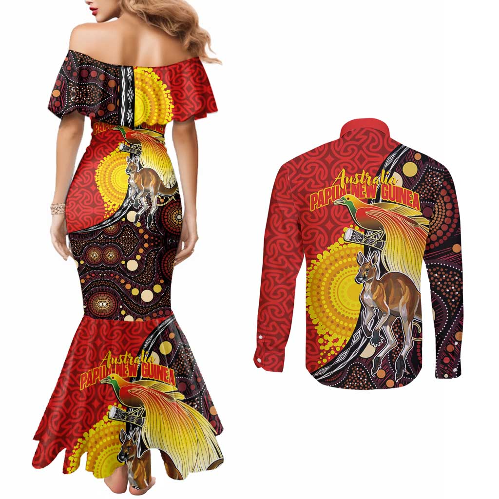 Australia and Papua New Guinea Together Couples Matching Mermaid Dress and Long Sleeve Button Shirt Bird-of-paradise and Kangaroo with Oro Tapa and Aboriginal Art Motifs - Aussie Hoodie