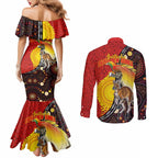 Australia and Papua New Guinea Together Couples Matching Mermaid Dress and Long Sleeve Button Shirt Bird-of-paradise and Kangaroo with Oro Tapa and Aboriginal Art Motifs - Aussie Hoodie