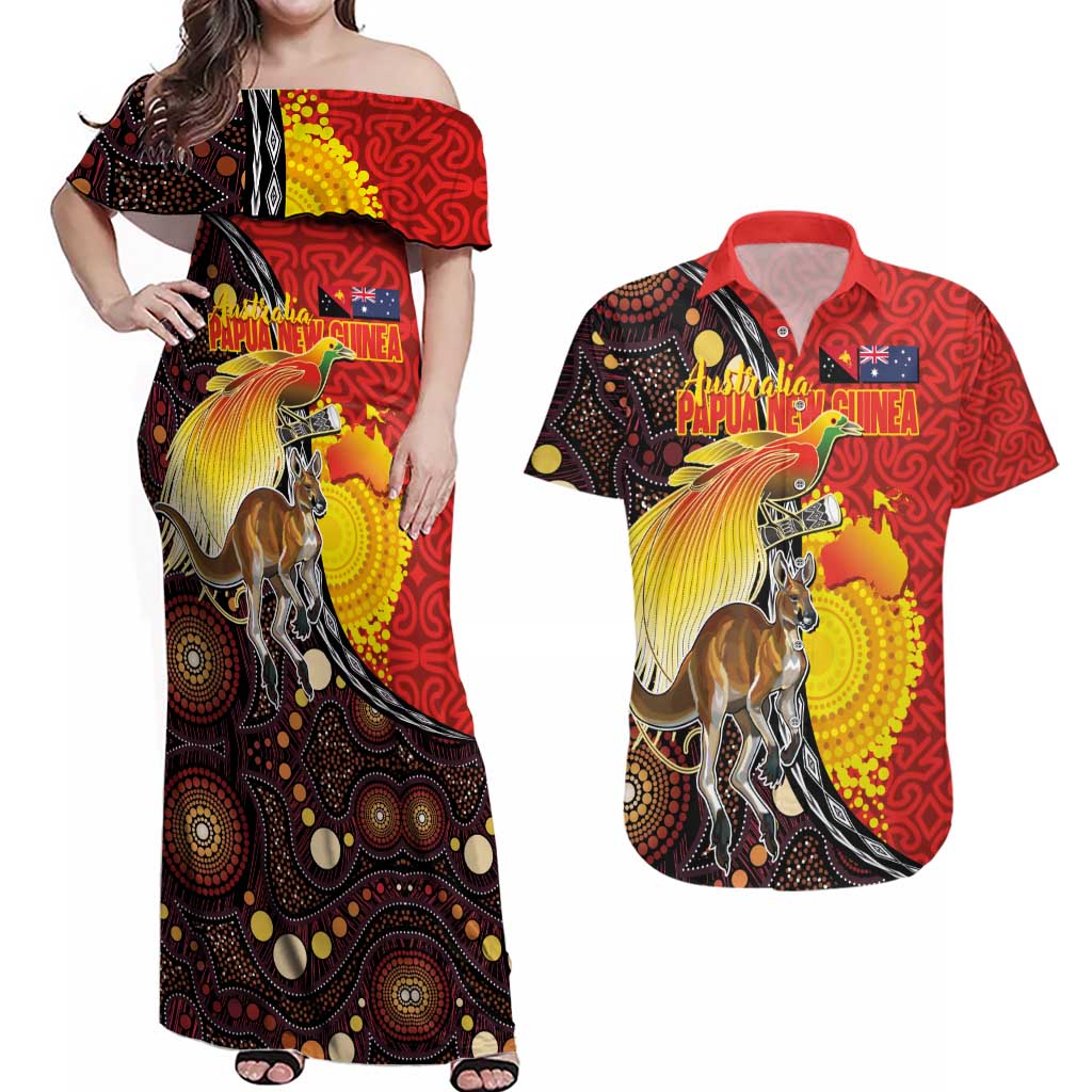 Australia and Papua New Guinea Together Couples Matching Off Shoulder Maxi Dress and Hawaiian Shirt Bird-of-paradise and Kangaroo with Oro Tapa and Aboriginal Art Motifs - Aussie Hoodie