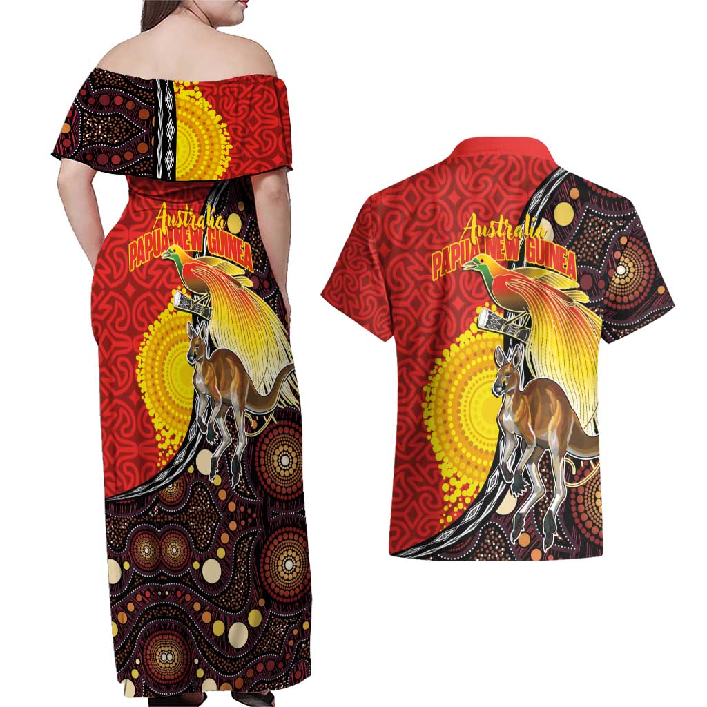 Australia and Papua New Guinea Together Couples Matching Off Shoulder Maxi Dress and Hawaiian Shirt Bird-of-paradise and Kangaroo with Oro Tapa and Aboriginal Art Motifs - Aussie Hoodie