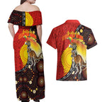 Australia and Papua New Guinea Together Couples Matching Off Shoulder Maxi Dress and Hawaiian Shirt Bird-of-paradise and Kangaroo with Oro Tapa and Aboriginal Art Motifs - Aussie Hoodie