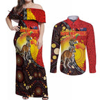 Australia and Papua New Guinea Together Couples Matching Off Shoulder Maxi Dress and Long Sleeve Button Shirt Bird-of-paradise and Kangaroo with Oro Tapa and Aboriginal Art Motifs - Aussie Hoodie