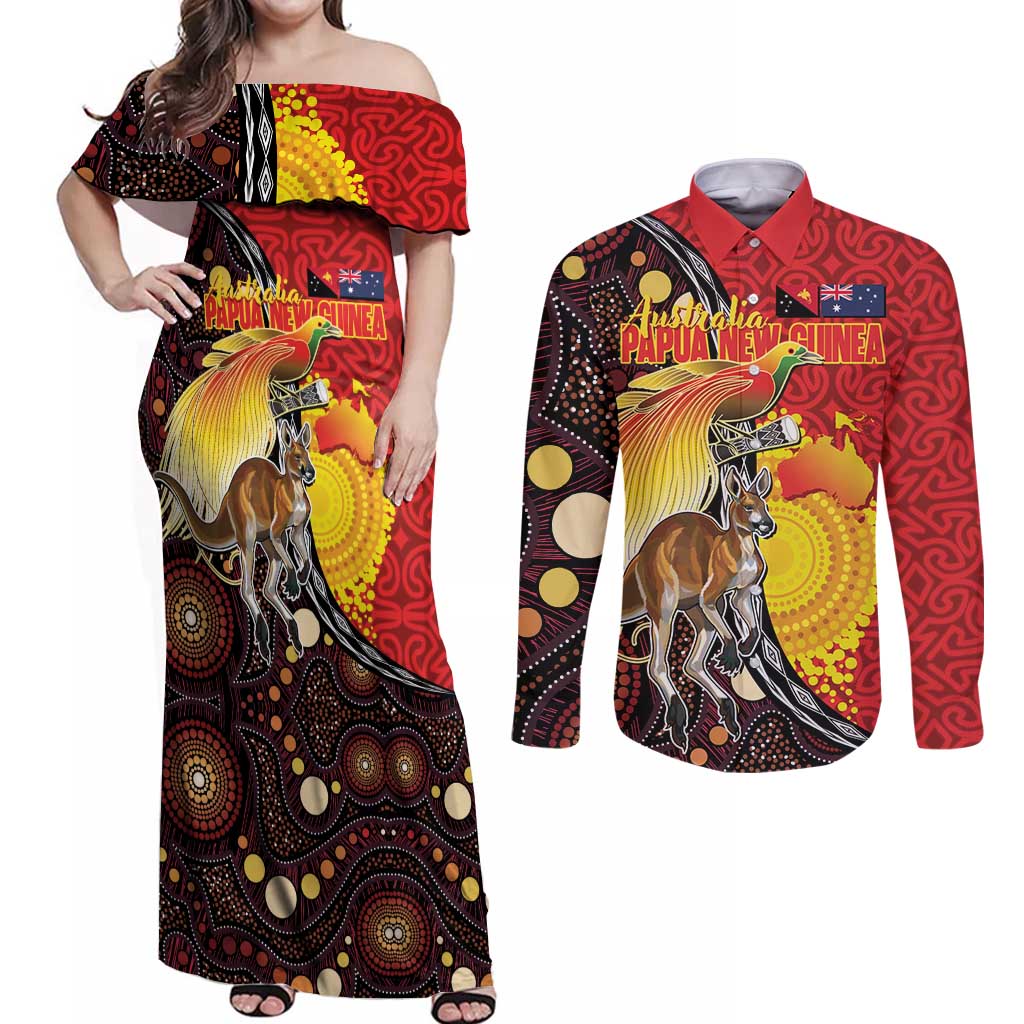 Australia and Papua New Guinea Together Couples Matching Off Shoulder Maxi Dress and Long Sleeve Button Shirt Bird-of-paradise and Kangaroo with Oro Tapa and Aboriginal Art Motifs - Aussie Hoodie