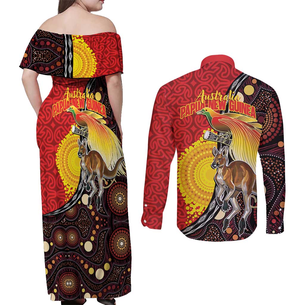 Australia and Papua New Guinea Together Couples Matching Off Shoulder Maxi Dress and Long Sleeve Button Shirt Bird-of-paradise and Kangaroo with Oro Tapa and Aboriginal Art Motifs - Aussie Hoodie